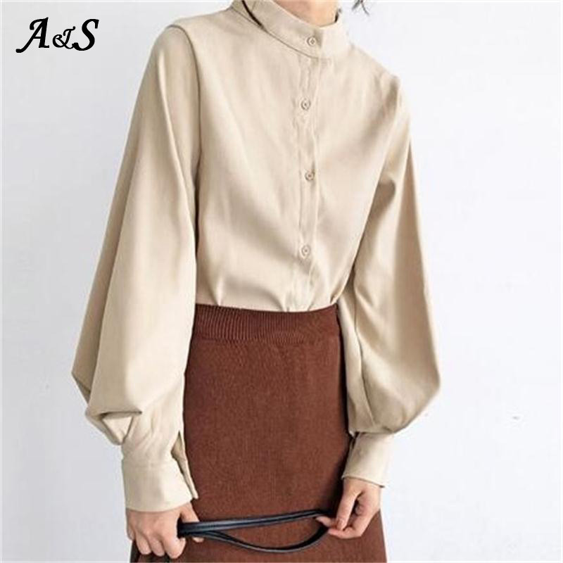 Anbenser Bluză cu mânecă lanternă pentru femei, primăvară 2021, cămăși cu un singur piept, pentru birou, cu guler vertical, bluză vintage solidă, cămașă XL