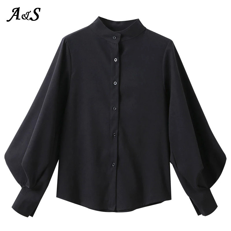 Anbenser Bluză cu mânecă lanternă pentru femei, primăvară 2021, cămăși cu un singur piept, pentru birou, cu guler vertical, bluză vintage solidă, cămașă XL