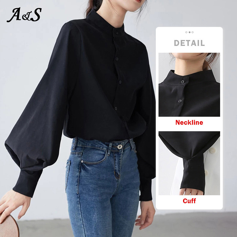 Anbenser Bluză cu mânecă lanternă pentru femei, primăvară 2021, cămăși cu un singur piept, pentru birou, cu guler vertical, bluză vintage solidă, cămașă XL