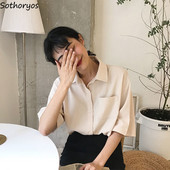 Bluză Cămăși Femei Guler răsturnat de vară Buzunar solid Îmbrăcăminte pe un singur piept Stil coreean La modă Timp liber All-match Ulzzang