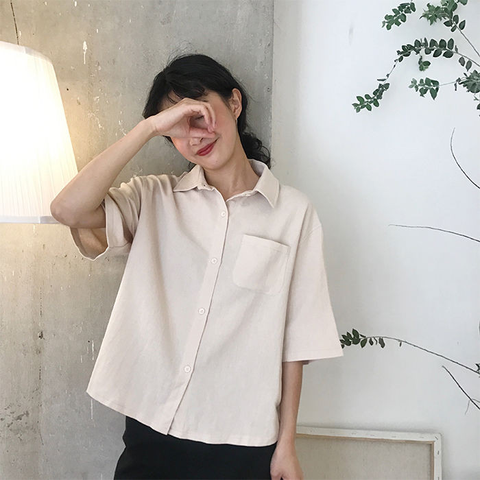 Bluză Cămăși Femei Guler răsturnat de vară Buzunar solid Îmbrăcăminte pe un singur piept Stil coreean La modă Timp liber All-match Ulzzang