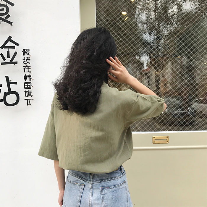 Bluză Cămăși Femei Guler răsturnat de vară Buzunar solid Îmbrăcăminte pe un singur piept Stil coreean La modă Timp liber All-match Ulzzang