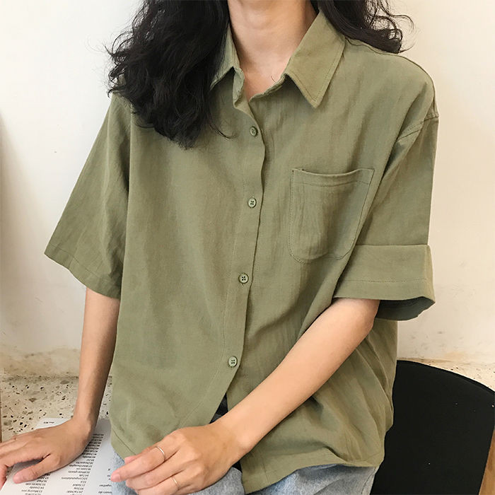 Bluză Cămăși Femei Guler răsturnat de vară Buzunar solid Îmbrăcăminte pe un singur piept Stil coreean La modă Timp liber All-match Ulzzang
