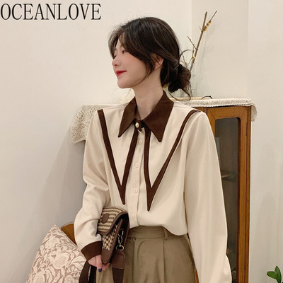 OCEANLOVE Tavaszi Blusas Mujer 2021 tavaszi lehajtható gallér Vintage blúzok Női felsők Koreai Ins Divatos Ingek Elegáns