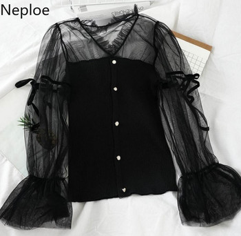 Neploe Retro Lace Patch Πλεκτή Μπλούζα Γυναικεία V λαιμόκοψη μακρυμάνικο πουλόβερ Blusas Φθινοπωρινό ανοιξιάτικο πουκάμισο με λεπτή σχεδίαση 48000