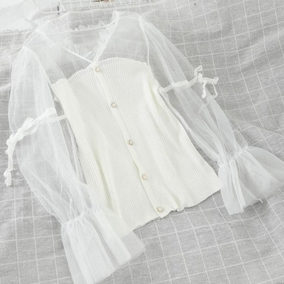 Neploe Retro csipkefoltos kötött blúz női V nyakú puff hosszú ujjú pulóver Blusas őszi tavaszi vékony gombos dizájn ing 48000