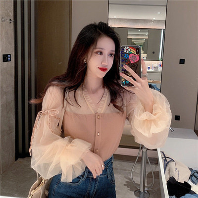 Neploe Retro csipkefoltos kötött blúz női V nyakú puff hosszú ujjú pulóver Blusas őszi tavaszi vékony gombos dizájn ing 48000