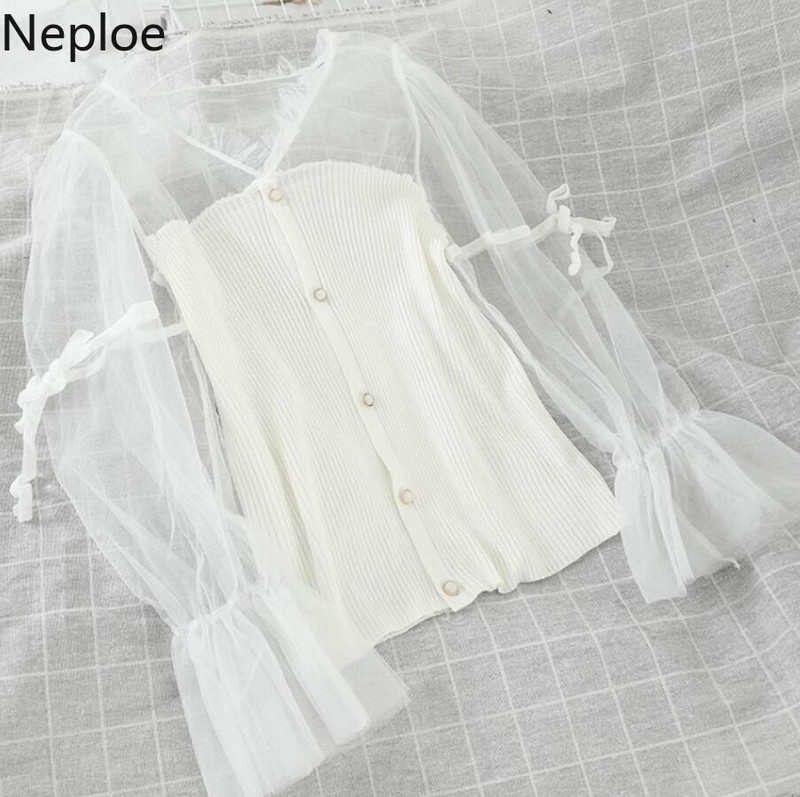 Neploe Retro csipkefoltos kötött blúz női V nyakú puff hosszú ujjú pulóver Blusas őszi tavaszi vékony gombos dizájn ing 48000