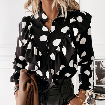 Casual Leopard Dot Print Μπλούζα με βολάν Μπλούζα Φθινοπωρινό Χειμώνα Μακρυμάνικο Γυναικείο Πουκάμισο Κομψό Γυναικείο Γυναικείο Μπλουζάκι με λαιμόκοψη V με κουμπιά Blusa