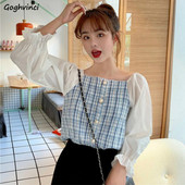 Bluze Ženske košulje dugih puf rukava Retro novi korejski stil Karirani High Street ženstveni patchwork dizajn Topovi Moda Ins