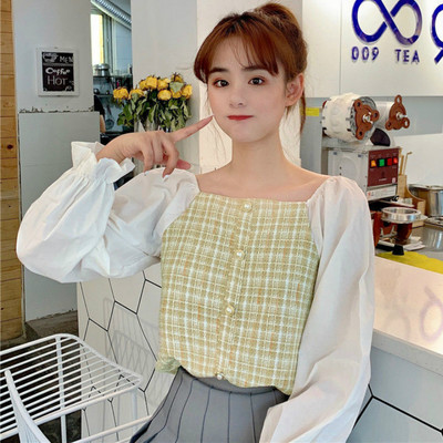 Bluze Ženske košulje dugih puf rukava Retro novi korejski stil Karirani High Street ženstveni patchwork dizajn Topovi Moda Ins