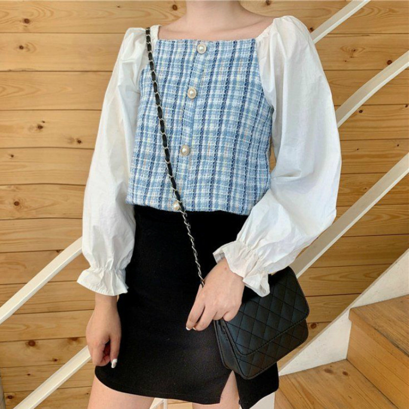 Bluze Ženske košulje dugih puf rukava Retro novi korejski stil Karirani High Street ženstveni patchwork dizajn Topovi Moda Ins