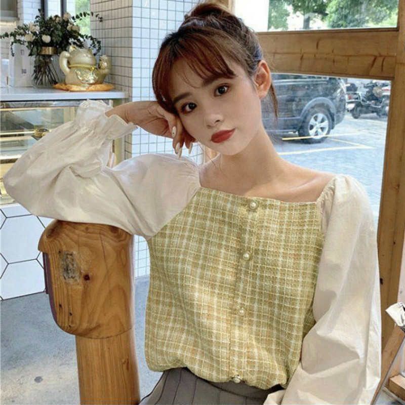 Bluze Ženske košulje dugih puf rukava Retro novi korejski stil Karirani High Street ženstveni patchwork dizajn Topovi Moda Ins