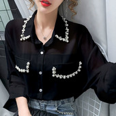 Madingi moteriški ilgomis rankovėmis perlamutriniai blizgučiai Palaidinė Šifoniniai marškinėliai Moteriški laisvai vakarėliui Elegantiški gatvės drabužiai moteriški plius dydis