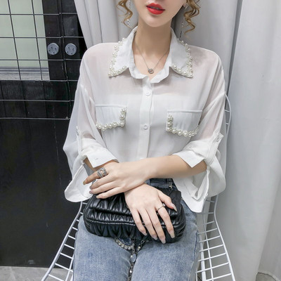 Madingi moteriški ilgomis rankovėmis perlamutriniai blizgučiai Palaidinė Šifoniniai marškinėliai Moteriški laisvai vakarėliui Elegantiški gatvės drabužiai moteriški plius dydis