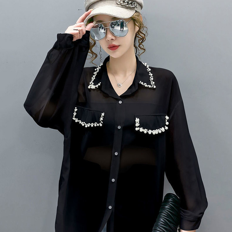 Madingi moteriški ilgomis rankovėmis perlamutriniai blizgučiai Palaidinė Šifoniniai marškinėliai Moteriški laisvai vakarėliui Elegantiški gatvės drabužiai moteriški plius dydis