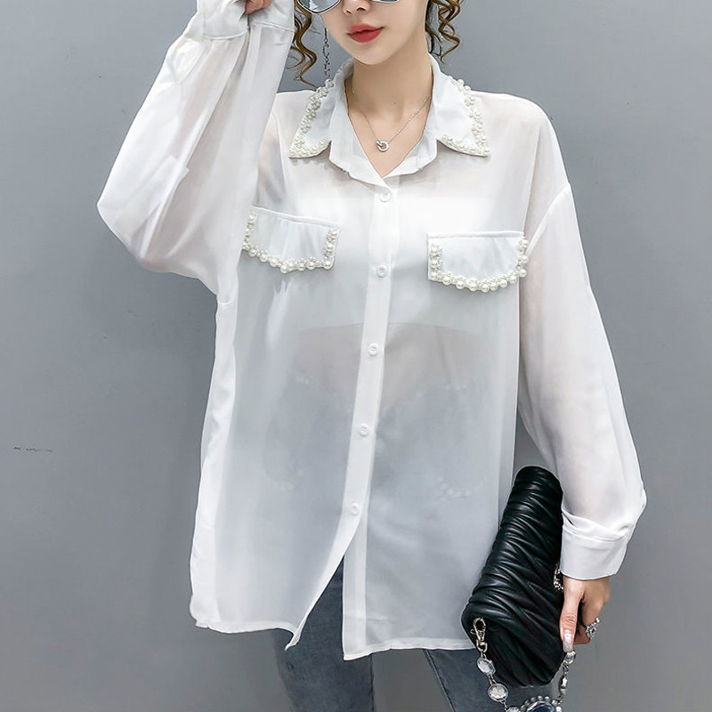 Madingi moteriški ilgomis rankovėmis perlamutriniai blizgučiai Palaidinė Šifoniniai marškinėliai Moteriški laisvai vakarėliui Elegantiški gatvės drabužiai moteriški plius dydis