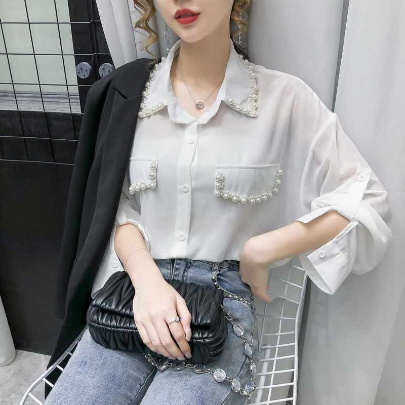 Madingi moteriški ilgomis rankovėmis perlamutriniai blizgučiai Palaidinė Šifoniniai marškinėliai Moteriški laisvai vakarėliui Elegantiški gatvės drabužiai moteriški plius dydis