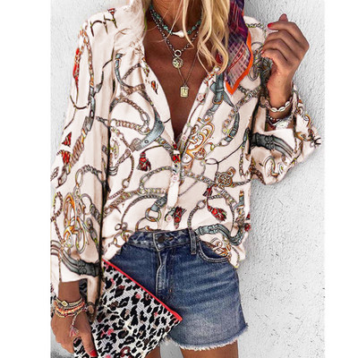 Spausdinti Moteriškos palaidinės ilgomis rankovėmis apverčiama apykakle Šifoninė palaidinė Madingi marškinėliai Laisvalaikio viršūnės Plius dydžio elegantiški darbo marškiniai AM2135