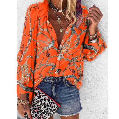 Spausdinti Moteriškos palaidinės ilgomis rankovėmis apverčiama apykakle Šifoninė palaidinė Madingi marškinėliai Laisvalaikio viršūnės Plius dydžio elegantiški darbo marškiniai AM2135