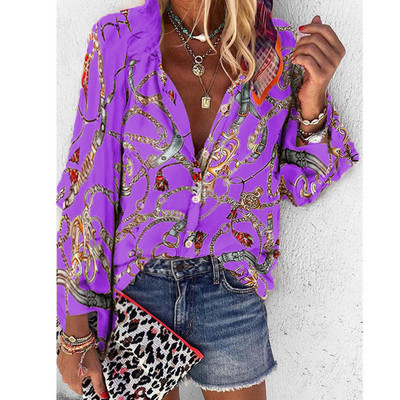 Spausdinti Moteriškos palaidinės ilgomis rankovėmis apverčiama apykakle Šifoninė palaidinė Madingi marškinėliai Laisvalaikio viršūnės Plius dydžio elegantiški darbo marškiniai AM2135