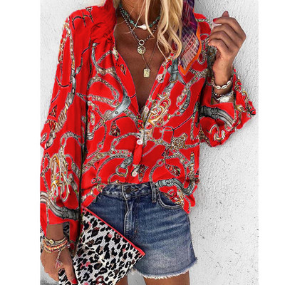 Spausdinti Moteriškos palaidinės ilgomis rankovėmis apverčiama apykakle Šifoninė palaidinė Madingi marškinėliai Laisvalaikio viršūnės Plius dydžio elegantiški darbo marškiniai AM2135