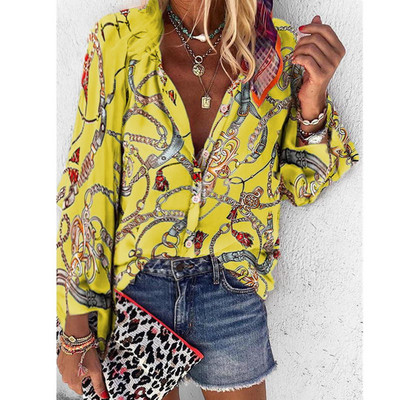 Spausdinti Moteriškos palaidinės ilgomis rankovėmis apverčiama apykakle Šifoninė palaidinė Madingi marškinėliai Laisvalaikio viršūnės Plius dydžio elegantiški darbo marškiniai AM2135