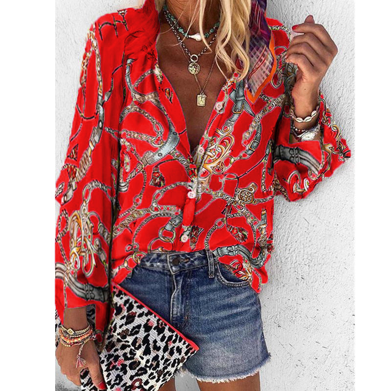 Spausdinti Moteriškos palaidinės ilgomis rankovėmis apverčiama apykakle Šifoninė palaidinė Madingi marškinėliai Laisvalaikio viršūnės Plius dydžio elegantiški darbo marškiniai AM2135