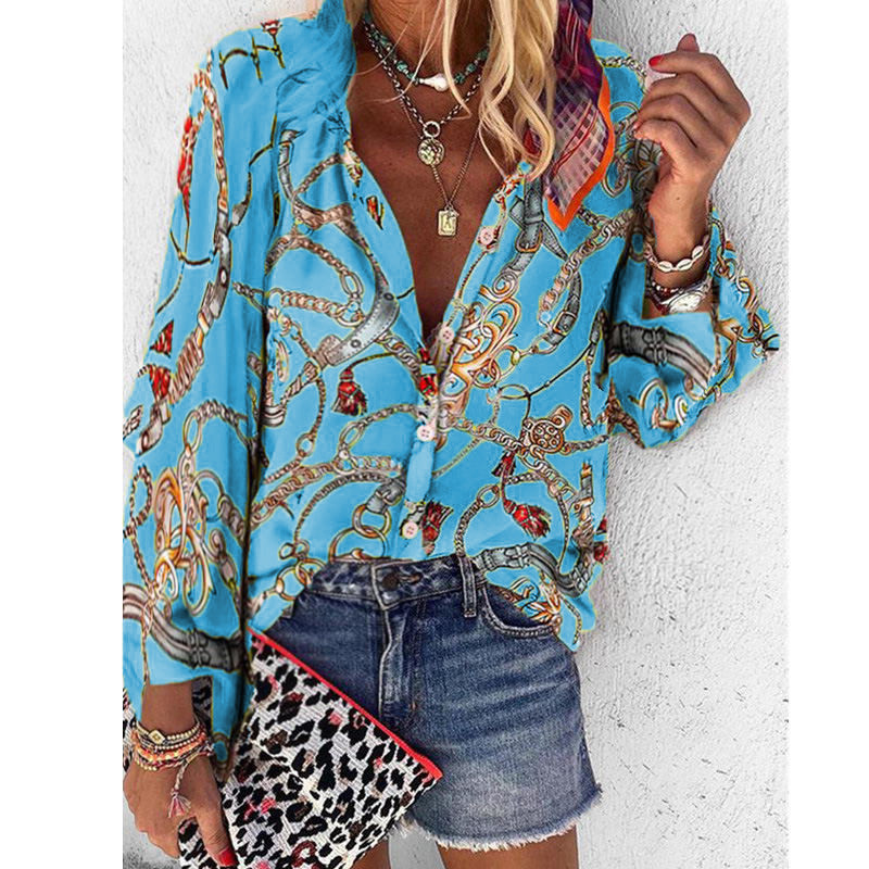 Spausdinti Moteriškos palaidinės ilgomis rankovėmis apverčiama apykakle Šifoninė palaidinė Madingi marškinėliai Laisvalaikio viršūnės Plius dydžio elegantiški darbo marškiniai AM2135