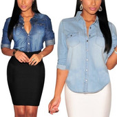 Moteriškos plonos džinsinio džinsinio palto marškinėlių palaidinės ilgomis rankovėmis atvartos striukė