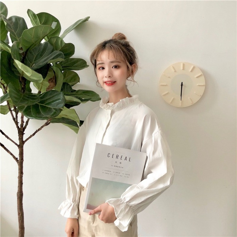 Balta palaidinė Moteriški marškiniai Harajuku Drabužiai Moteriški viršutiniai drabužiai ir palaidinės Visi atitinka platėjančias rankoves Korėjietiškas stilius Nauja mada Ulzzang Chic