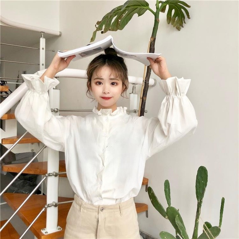 Balta palaidinė Moteriški marškiniai Harajuku Drabužiai Moteriški viršutiniai drabužiai ir palaidinės Visi atitinka platėjančias rankoves Korėjietiškas stilius Nauja mada Ulzzang Chic