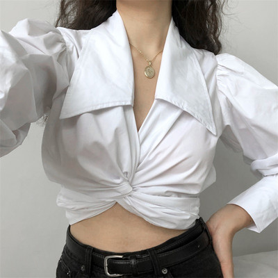 2020 Vintage kockás V nyakú női blúz Crop Tops Szexi fűzős női ing Őszi puffos ujjú Rövid ing Női Alkalmi DD20