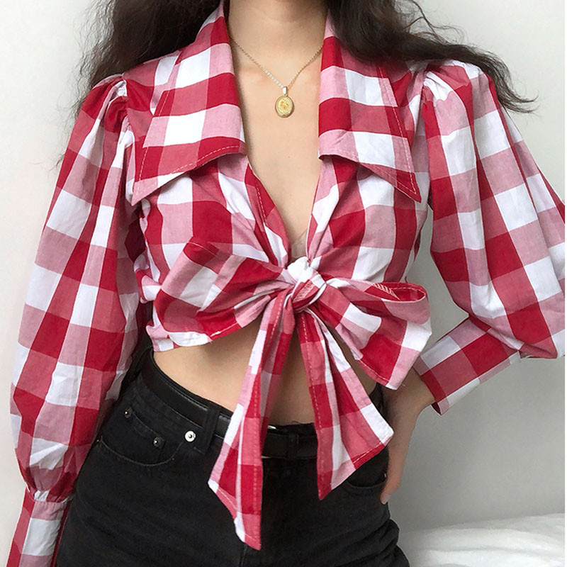 2020 Vintage kockás V nyakú női blúz Crop Tops Szexi fűzős női ing Őszi puffos ujjú Rövid ing Női Alkalmi DD20