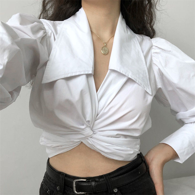 2020 Vintage kockás V nyakú női blúz Crop Tops Szexi fűzős női ing Őszi puffos ujjú Rövid ing Női Alkalmi DD20