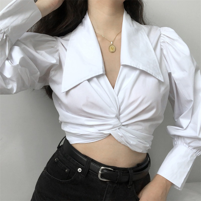 2020 Vintage kockás V nyakú női blúz Crop Tops Szexi fűzős női ing Őszi puffos ujjú Rövid ing Női Alkalmi DD20