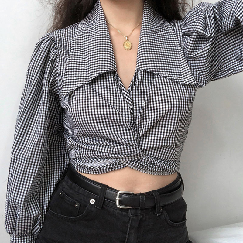 2020 Vintage kockás V nyakú női blúz Crop Tops Szexi fűzős női ing Őszi puffos ujjú Rövid ing Női Alkalmi DD20