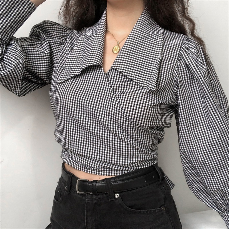 2020 Vintage kockás V nyakú női blúz Crop Tops Szexi fűzős női ing Őszi puffos ujjú Rövid ing Női Alkalmi DD20