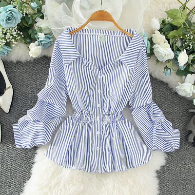 Divat csíkos ing Női felsők Alkalmi, hosszú ujjú, rugalmas derékú női blúz Női Vintage új dizájn elegáns női ing