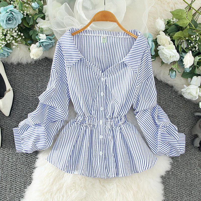Divat csíkos ing Női felsők Alkalmi, hosszú ujjú, rugalmas derékú női blúz Női Vintage új dizájn elegáns női ing