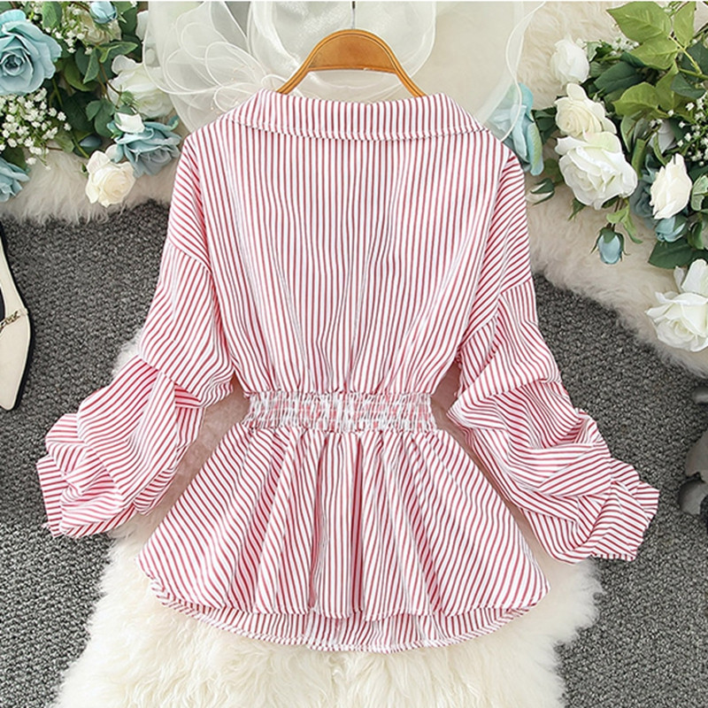 Divat csíkos ing Női felsők Alkalmi, hosszú ujjú, rugalmas derékú női blúz Női Vintage új dizájn elegáns női ing