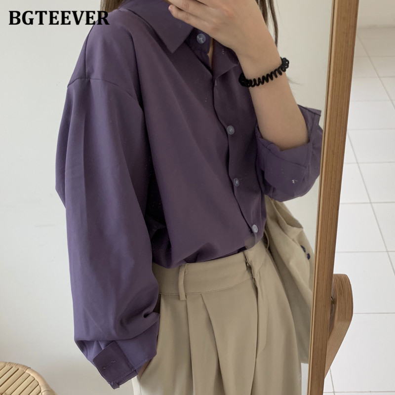 BGTEEVER Cămăși șic mov pentru femei, vară 2020, cu mânecă întreagă, bluze pentru femei, cu un singur piept, Topuri elegante, largi Bluse pentru femei