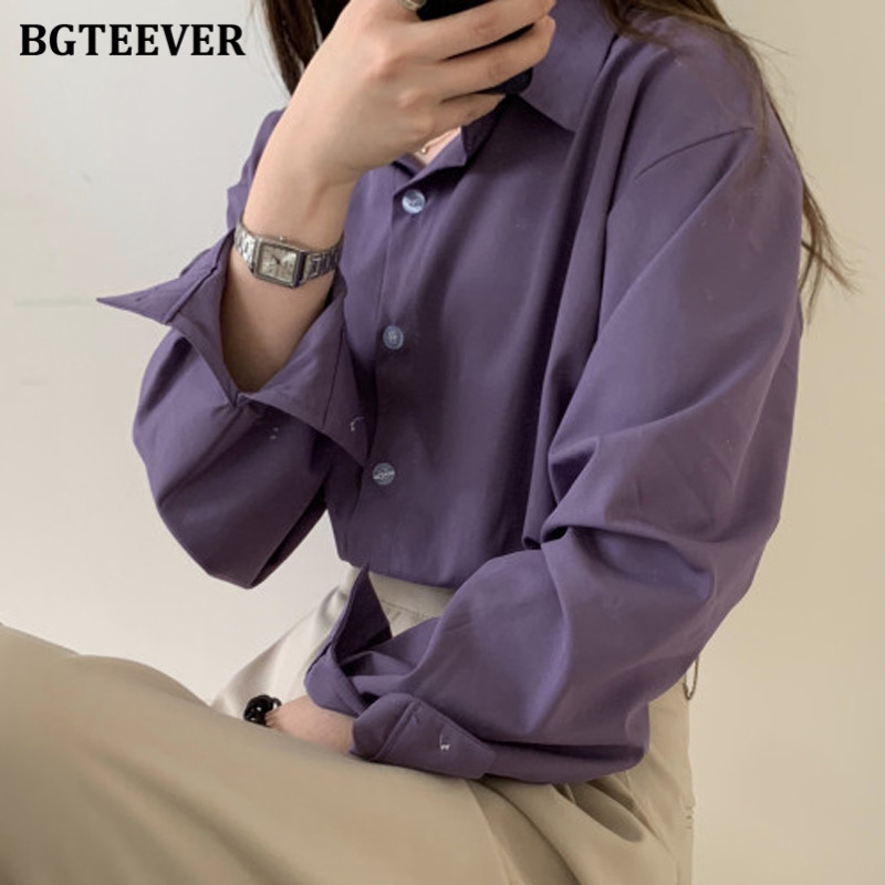 BGTEEVER Cămăși șic mov pentru femei, vară 2020, cu mânecă întreagă, bluze pentru femei, cu un singur piept, Topuri elegante, largi Bluse pentru femei