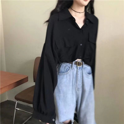 Blúzok Női Fekete 2XL Tavaszi napi Ulzzang ing Felnőtt Uniszex Elegáns Divatos Minden meccs 2021 Zsebek Szabadidő Szilárd Egyszerű Bő