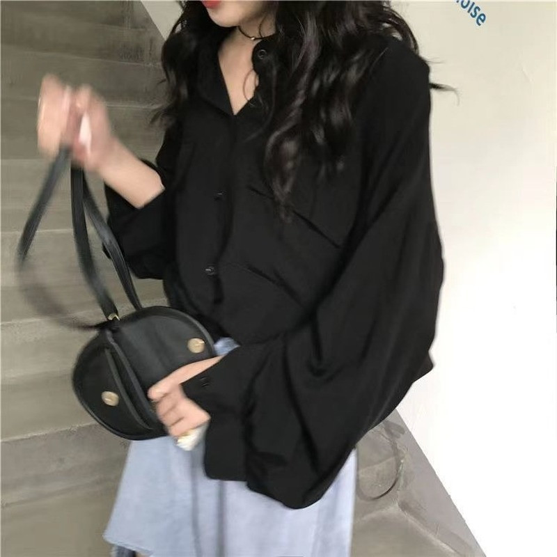 Blúzok Női Fekete 2XL Tavaszi napi Ulzzang ing Felnőtt Uniszex Elegáns Divatos Minden meccs 2021 Zsebek Szabadidő Szilárd Egyszerű Bő