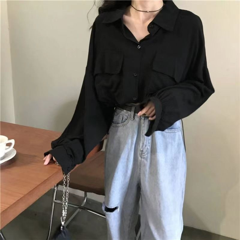 Blúzok Női Fekete 2XL Tavaszi napi Ulzzang ing Felnőtt Uniszex Elegáns Divatos Minden meccs 2021 Zsebek Szabadidő Szilárd Egyszerű Bő