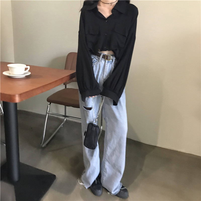 Blúzok Női Fekete 2XL Tavaszi napi Ulzzang ing Felnőtt Uniszex Elegáns Divatos Minden meccs 2021 Zsebek Szabadidő Szilárd Egyszerű Bő