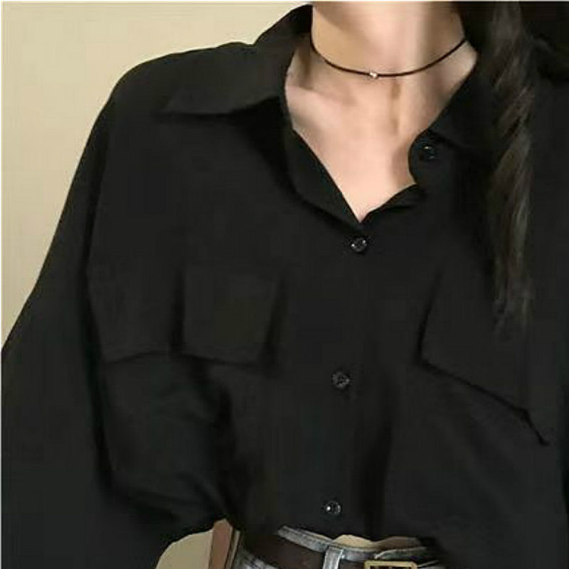 Blúzok Női Fekete 2XL Tavaszi napi Ulzzang ing Felnőtt Uniszex Elegáns Divatos Minden meccs 2021 Zsebek Szabadidő Szilárd Egyszerű Bő