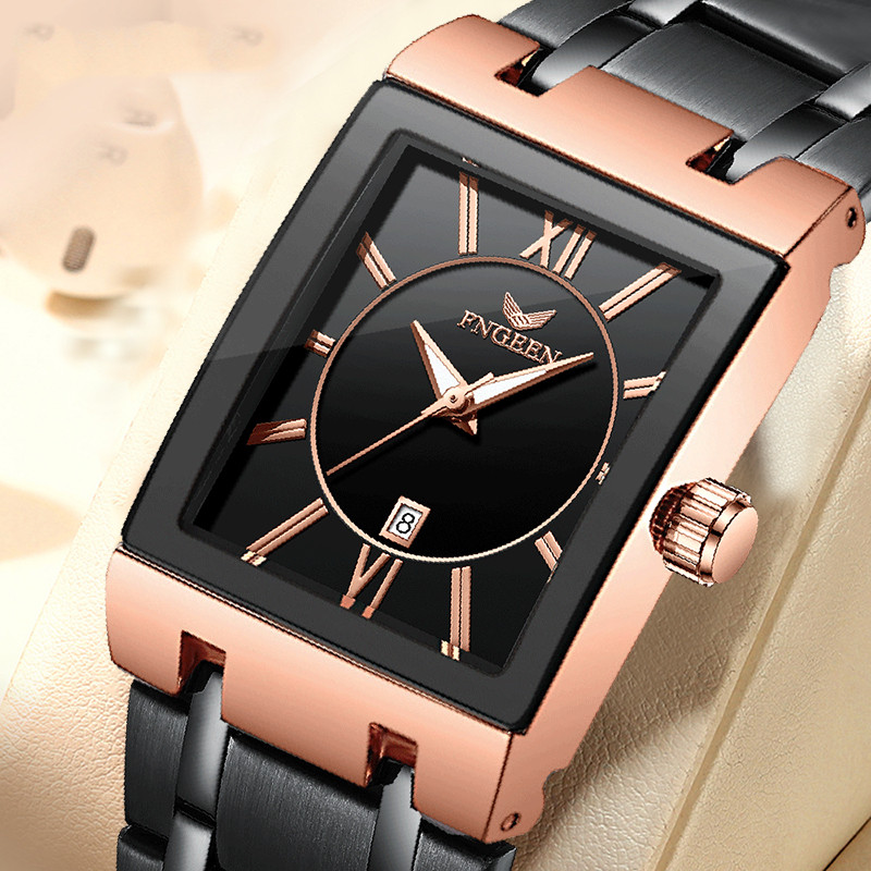 Vyriškas laikrodis, 2022 m. paprastas mados juodas veidelis sidabrinis stačiakampis nerūdijančio plieno kalendorius, vandeniui atsparus kvarcinis laikrodis Relogio Masculino