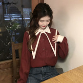 Női ingek Patchwork Édes hercegnőstílusú gomb hosszú ujjú bő felsők koreai Stílusos tinédzserek mindennapi szabadidő női